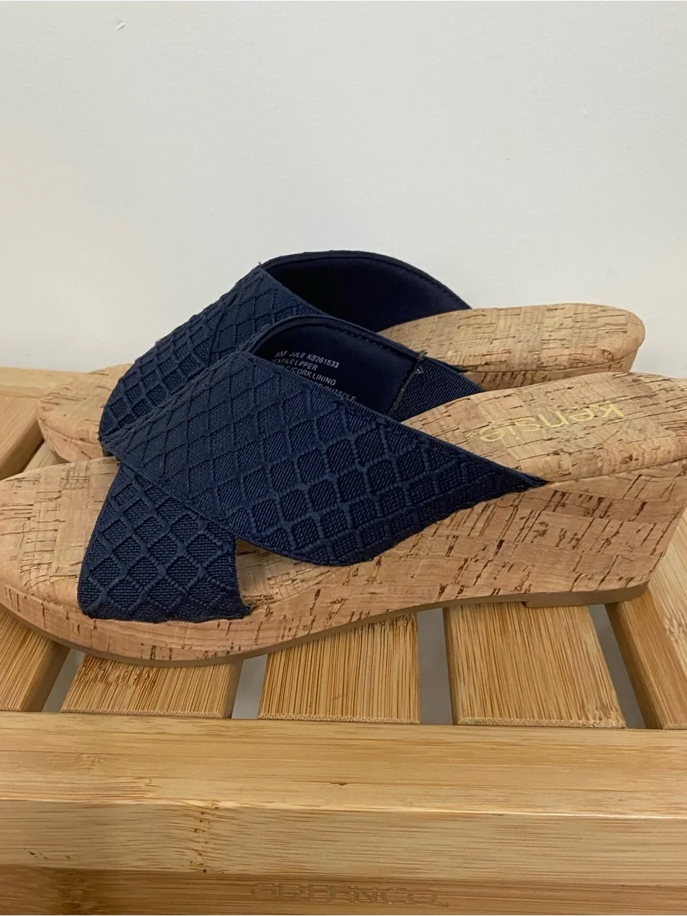 Kensie Jule Cork Wedge Slide Sandals Women’s Size 6M Navy Blue Criss Cross Summe